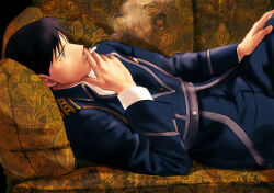 Rule 34 | 1boy, aiguillette, amestris military uniform, black background, black eyes, black hair, blue jacket, blue pants, cigarette, collared shirt, couch, dark background, dress shirt, embers, expressionless, feet out of frame, fingernails, from side, fullmetal alchemist, half-closed eyes, hand on own knee, hand to own mouth, hand up, highres, holding, holding cigarette, jacket, knee up, leaf print, long sleeves, looking afar, lying, male focus, military, military jacket, military uniform, on back, on couch, pants, parted lips, profile, roy mustang, shadow, shirt, silver trim, simple background, smoke, smoking, spiked hair, swept bangs, tsurime, uniform, unmoving pattern, urikurage, white shirt, wing collar