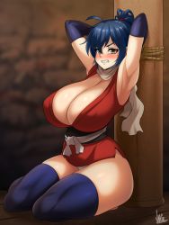 Rule 34 | 1girl, armpits, arms up, bound, breasts, cleavage, clenched teeth, covered erect nipples, highres, huge breasts, jmg, kneeling, manyuu chifusa, manyuu hikenchou, panties, restrained, solo, teeth, thighhighs, tied up, underwear