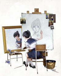 Rule 34 | 1girl, absurdres, american gothic, arm up, artist logo, black eyes, black hair, book, can, canvas (object), chair, commentary, crossed legs, drawing, easel, english commentary, fine art parody, highres, holding, holding paintbrush, holding palette, leaning to the side, looking at mirror, loose socks, mirror, mona lisa, neckerchief, on chair, open book, original, paint tube, paintbrush, painting (action), palette (object), parody, pleated skirt, ponytail, red bull, red neckerchief, reflection, sailor collar, sailor shirt, school uniform, serafuku, shirt, short sleeves, sitting, skirt, socks, solo, trash can, triple self-portrait (norman rockwell), zero808w