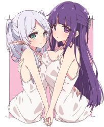 Rule 34 | 2girls, breast press, breasts, closed mouth, commentary request, dress, earrings, elf, fern (sousou no frieren), frieren, green eyes, grey hair, highres, holding hands, jewelry, large breasts, long hair, looking at viewer, mel (melty pot), multiple girls, pink background, pointy ears, purple eyes, purple hair, sleeveless, sleeveless dress, small breasts, smile, sousou no frieren, two-tone background, white background, white dress