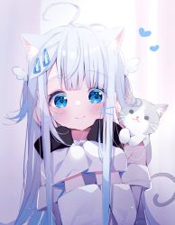 Rule 34 | 1girl, ahoge, amatsuka uto, animal, animal ears, animal on shoulder, blue eyes, blush, cat, cat ears, closed mouth, commentary request, deyui, grey hair, hair ornament, hairclip, hands on own face, hands up, heart, highres, indie virtual youtuber, long sleeves, looking at viewer, sleeves past fingers, sleeves past wrists, smile, solo, upper body, virtual youtuber