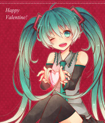 Rule 34 | 1girl, detached sleeves, green eyes, green hair, hatsune miku, heart, long hair, matching hair/eyes, necktie, one eye closed, open mouth, sitting, skirt, solo, sonoruru3131, thighhighs, twintails, valentine, very long hair, vocaloid, wink