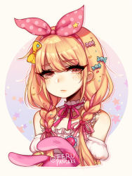 Rule 34 | 1girl, bare shoulders, blonde hair, bow, braid, character request, closed mouth, commentary, english commentary, eyelashes, futaba anzu, hair bow, hair ornament, hairband, idolmaster, idolmaster cinderella girls, looking at viewer, low twintails, neck ribbon, pink bow, pink ribbon, ribbon, solo, terupancake, twin braids, twintails, twitter username, upper body, yellow bow