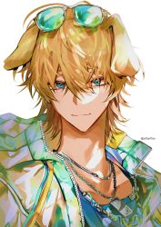 Rule 34 | 1boy, absurdres, animal ears, arknights, artist name, bishounen, blonde hair, blue eyes, dog boy, dog ears, dog tags, eyewear on head, highres, jewelry, looking at viewer, male focus, necklace, onun, short hair, simple background, solo, sunglasses, tequila (arknights), tinted eyewear, upper body, white background