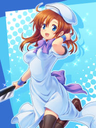 Rule 34 | 1girl, :d, absurdres, ahoge, beret, black thighhighs, blue background, blue eyes, blush, boots, bow, breasts, brown hair, dress, hat, highres, higurashi no naku koro ni, holding, machete, open mouth, outline, ryuuguu rena, short sleeves, silhouette, smile, solo, sparkle, thighhighs, white dress, yuuno (hack y)