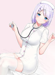 Rule 34 | 1girl, absurdres, bad id, bad pixiv id, bed sheet, blue eyes, blush, breasts, buttons, closed mouth, dutch angle, gradient background, hair ornament, hairclip, hat, highres, holding, large breasts, nurse, nurse cap, original, outline, pink background, short hair, short sleeves, silver hair, sitting, smile, solo, stethoscope, suzuharu toufu, swept bangs, thighhighs, white outline, white thighhighs, zettai ryouiki