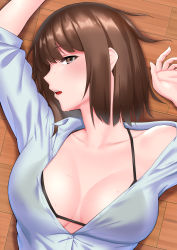 Rule 34 | 1girl, black bra, bra, breasts, brown eyes, brown hair, collarbone, commentary request, highres, large breasts, long sleeves, looking at viewer, lying, mizuse kouichi, on back, open clothes, original, out of frame, shirt, short hair, solo, underwear, white shirt