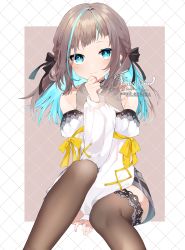Rule 34 | absurdres, arm between legs, bare shoulders, black bow, blue eyes, blue hair, blush, bow, braid, brown hair, brown thighhighs, buisen, closed mouth, commission, hair bow, highres, konatsu minamo, light blue hair, long hair, looking at viewer, patterned, patterned background, sitting, skeb commission, smile, thighhighs, twitter username, tyazakura sayu, virtual youtuber, yellow bow