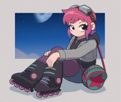 Rule 34 | 1girl, absurdres, bag, black eyes, breasts, calicocryptid, colored tips, commentary, english commentary, goggles, goggles on head, highres, inline skates, jacket, looking at viewer, moon, multicolored hair, pantyhose, pink hair, purple hair, ramona flowers, roller skates, scott pilgrim (series), scott pilgrim takes off, short hair, skates, smile, solo