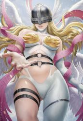 Rule 34 | 1girl, angel, angel wings, angewomon, asymmetrical clothes, bare shoulders, belt, blonde hair, bodysuit, breasts, cleavage, commentary request, covered eyes, digimon, digimon (creature), elbow gloves, from below, gloves, head wings, helmet, highres, large breasts, long hair, multiple wings, navel, o-ring, outstretched hand, ribbon, sciamano240, smile, solo, thigh strap, wings
