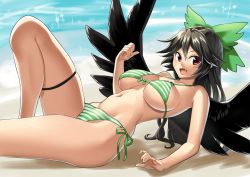 Rule 34 | 1girl, abe ranzu, bikini, black hair, black wings, bow, breasts, fang, green bikini, green bow, hair bow, halterneck, large breasts, long hair, looking at viewer, lying, open mouth, red eyes, reiuji utsuho, sand, side-tie bikini bottom, smile, solo, sparkle, string bikini, striped bikini, striped clothes, sweat, swimsuit, thigh strap, thighs, touhou, water, wings