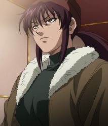 Rule 34 | 1girl, angry, black lagoon, hat, highres, long hair, ponytail, purple hair, revy (black lagoon), solo, standing, stitched, third-party edit, yellow eyes