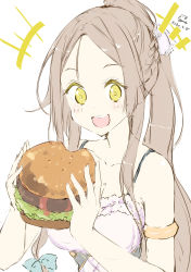 Rule 34 | +++, 1girl, :d, absurdres, atelier (series), atelier lydie &amp; suelle, bad id, bad pixiv id, bare arms, bare shoulders, blue bow, blush, bow, braid, breasts, brown hair, burger, cleavage, dated, dress, firis mistlud, food, hair bow, hair ribbon, high ponytail, highres, holding, holding food, long hair, medium breasts, minidraco, open mouth, parted bangs, ponytail, ribbon, sidelocks, simple background, sleeveless, sleeveless dress, smile, solo, teeth, upper body, upper teeth only, very long hair, white background, white dress, white ribbon, yellow eyes