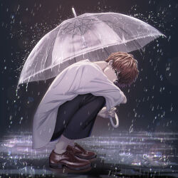 Rule 34 | 1boy, akiyoshi (tama-pete), black pants, brown footwear, brown hair, crying, crying with eyes open, full body, highres, holding, holding umbrella, looking at viewer, male focus, original, pants, puddle, rain, reflective floor, ripples, shirt, shoes, short hair, socks, solo, squatting, tears, transparent, transparent umbrella, umbrella, white shirt