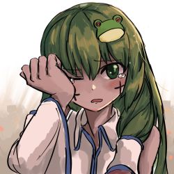 Rule 34 | 1girl, blush, commentary request, cookie (touhou), cross, facepaint, frog hair ornament, green eyes, green hair, hair between eyes, hair ornament, hair tubes, highres, kochiya sanae, long hair, looking at viewer, nob1109, one eye closed, open mouth, paseri (cookie), shirt, solo, tearing up, tears, touhou, upper body, white shirt, wiping tears