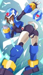 Rule 34 | 1girl, absurdres, aile (mega man zx), aqua eyes, arm cannon, ass, bent over, blue jacket, bodysuit, breasts, brown hair, cropped jacket, grid, highres, jacket, layered sleeves, biometal, long sleeves, looking at viewer, mega man (series), mega man zx, model x (mega man), open clothes, open jacket, pretty-purin720, puffy short sleeves, puffy sleeves, purple bodysuit, short hair, short over long sleeves, short sleeves, skin tight, small breasts, solo, weapon