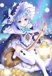 Rule 34 | 1girl, arm up, black capelet, black hat, blue eyes, blue footwear, blue hair, broom, broom riding, butterfly hair ornament, capelet, commentary request, dress, fang, fur-trimmed capelet, fur trim, gloves, hair ornament, hair rings, hairclip, hand on headwear, hat, high heels, highres, lantern, long hair, long sleeves, open mouth, original, panties, shiwasu horio, shoes, solo, star (symbol), star hair ornament, striped clothes, striped panties, thighhighs, underwear, white dress, white gloves, white thighhighs, wide sleeves, witch hat