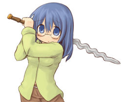 Rule 34 | 7010, blue eyes, blue hair, blush, glasses, lowres, solo, sword, weapon