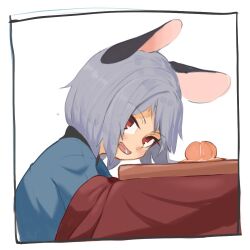 Rule 34 | 1girl, animal ears, blue jacket, blush, commentary request, food, fruit, greenpiecerice, grey hair, jacket, kotatsu, leaning forward, long bangs, looking at viewer, mandarin orange, mouse ears, mouse girl, nazrin, open mouth, red eyes, short hair, smile, solo, table, touhou, upper body, white background