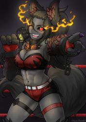 Rule 34 | 1girl, abs, animal ears, animal hands, belt, black hair, black sclera, black skin, breasts, chain, claws, colored sclera, colored skin, dog ears, dog tail, flaming eyes, frenchthenhen, fur, furry, furry female, hellhound (monster girl encyclopedia), highres, large breasts, long hair, looking at viewer, microphone, monster girl, monster girl encyclopedia, one eye closed, red eyes, rope, solo, tail, wrestler, wrestling outfit, wrestling ring, wrist cuffs