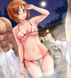 Rule 34 | 1girl, 3boys, bikini, blush, breasts, brown eyes, brown hair, bulge, erection, erection under clothes, girls und panzer, highres, kabutowari, large breasts, looking at viewer, mixed-sex bathing, multiple boys, navel, nishizumi miho, onsen, open mouth, see-through, see-through bikini, shared bathing, short hair, sky, star (sky), starry sky, swimsuit, white bikini
