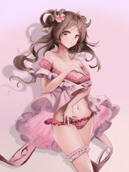Rule 34 | andersonalac, animal ears, arknights, bikini, brown hair, collarbone, commentary request, cowboy shot, eyjafjalla (arknights), eyjafjalla (summer flower) (arknights), flower, gradient background, hair flower, hair ornament, highres, horns, long hair, looking at viewer, navel, off-shoulder bikini, off shoulder, official alternate costume, pink background, pink bikini, pink eyes, pink flower, sarong, sheep ears, sheep girl, sheep horns, smile, solo, stomach, swimsuit, swimsuit cover-up, thigh strap, white sarong
