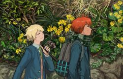 2boys ahoge argyle_clothes argyle_scarf backpack bag blonde_hair blue_jacket closed_eyes dress_shirt fishing_rod flower green_necktie green_scarf hands_in_pockets haru_(tsuritama) highres holding holding_fishing_rod jacket male_focus medium_hair minahamu multiple_boys necktie pink_vest plant profile red_hair sanada_yuki scarf school_uniform shirt smile tsuritama upper_body vest walking white_shirt