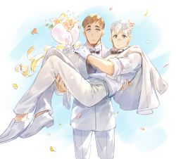Rule 34 | 2boys, absurdres, blue eyes, bomssp, bouquet, bow, bowtie, brown hair, carrying, couple, curtis (voltron), flower, formal, gloves, grey eyes, hair flower, hair ornament, highres, husband and husband, looking at viewer, male focus, multiple boys, princess carry, scar, suit, takashi shirogane, voltron: legendary defender, voltron (series), white gloves, white hair, white suit, yaoi