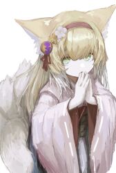 Rule 34 | 1girl, absurdres, animal ear fluff, animal ears, arknights, blonde hair, colored tips, commentary, flower, fox ears, fox girl, fox tail, green eyes, hair flower, hair ornament, hairband, highres, japanese clothes, kimono, kitsune, kyuubi, long hair, long sleeves, looking at viewer, multicolored hair, multiple tails, official alternate costume, open mouth, own hands together, piennamekuzi, pink kimono, red hairband, simple background, solo, suzuran (arknights), suzuran (yukibare) (arknights), tail, two-tone hair, white background, white hair, wide sleeves