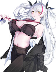 1girl absurdres azur_lane black_bra black_pants black_suit blurry blush bra breasts cowboy_shot dutch_angle formal highres id_card lace lace-trimmed_bra lace_trim large_breasts linea_alba long_hair multicolored_hair navel pants parted_lips pinstripe_pants pinstripe_pattern pinstripe_suit prinz_eugen_(azur_lane) raru_(nanaharararu) red_hair shirt simple_background solo streaked_hair suit two-tone_hair two_side_up underwear undressing white_background white_hair white_shirt yellow_eyes