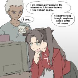 Rule 34 | 1boy, 1girl, archer (fate), black hair, black skirt, blue eyes, cup, dark-skinned male, dark skin, english text, fate/stay night, fate (series), grey eyes, long hair, microwave, mug, neco-arc, pantsu-ripper, pleated skirt, simple background, skirt, speech bubble, sweater, tohsaka rin, twintails, two side up, white background, white hair, you&#039;re doing it wrong
