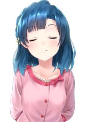 Rule 34 | 1girl, bashosho, blue hair, blush, bow, breasts, closed eyes, closed mouth, collarbone, commentary request, facing viewer, hair bow, head tilt, highres, idolmaster, idolmaster million live!, long sleeves, medium breasts, nanao yuriko, pink shirt, shirt, simple background, smile, solo, white background, yellow bow