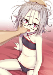 Rule 34 | 1boy, 1girl, black-framed eyewear, black bra, black panties, bow, bow panties, bra, commentary request, criss-cross halter, fangs, finger in another&#039;s mouth, flat chest, glasses, halterneck, highres, looking at viewer, ogami kazuki, open mouth, original, pale skin, panties, pointy ears, raised eyebrow, red eyes, saliva, silver hair, sitting, slit pupils, solo focus, underwear, underwear only, vampire