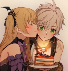 Rule 34 | 1boy, 1girl, antenna hair, artist name, bandaid, bandaid on face, bandaid on nose, bare shoulders, bat wings, bennett (genshin impact), birthday, birthday cake, black dress, blonde hair, blush, bow, brown gloves, cake, cake slice, candle, closed eyes, closed mouth, collarbone, cross-laced clothes, dress, fire, fischl (genshin impact), food, from side, genshin impact, gloves, green eyes, grey background, hair between eyes, hair bow, hair ornament, hetero, holding, holding plate, kiss, kissing cheek, long hair, looking at food, looking at object, open collar, open mouth, plate, purple scrunchie, scar, scrunchie, side ponytail, sidelocks, solreiru, wing hair ornament, wings