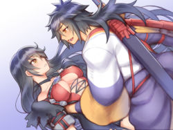 Rule 34 | 1boy, 1girl, bad id, bad pixiv id, bare shoulders, black hair, black neckwear, blue background, breasts, choker, couple, dutch angle, folks (nabokof), gradient background, hetero, japanese clothes, kimono, long hair, looking at another, medium breasts, open mouth, profile, rokurou rangetsu, scabbard, sheath, simple background, smile, tales of (series), tales of berseria, velvet crowe, white background, yellow eyes