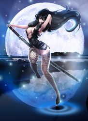 Rule 34 | 1girl, arm behind head, black hair, blue eyes, breasts, cleavage, dress, dsqk03, fishnet thighhighs, fishnets, full body, hair between eyes, hand in own hair, holding, holding sword, holding weapon, lace, large breasts, long hair, looking at viewer, moon, nail polish, night, night sky, no shoes, original, outdoors, reflection, ripples, sheath, sheathed, short dress, side slit, sky, sleeveless, solo, sword, thighhighs, very long hair, weapon, white nails