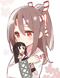 Rule 34 | 2girls, black hair, blush, brown hair, doll, hugging doll, floral background, hachimaki, headband, japanese clothes, kantai collection, multiple girls, hugging object, red eyes, shouhou (kancolle), solo, yoru nai, zuihou (kancolle)