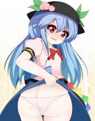 Rule 34 | 1girl, ass, blue hair, blue skirt, blush, butt crack, clothes lift, embarrassed, food, from behind, fruit, hat, highres, hinanawi tenshi, huge ass, long hair, looking down, monyu, open mouth, panties, pink panties, red eyes, shiny skin, skirt, skirt hold, skirt lift, smile, solo, sweatdrop, touhou, underwear, wavy mouth