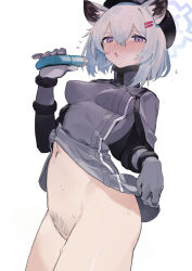 Rule 34 | 1girl, absurdres, animal ears, black hat, blue archive, blue hair, blush, bottomless, clothes lift, cowboy shot, female pubic hair, gloves, grey gloves, grey jacket, hair between eyes, hair ornament, hairclip, halo, hat, heart, highres, hip flask, holding, jacket, jacket lift, lifting own clothes, long sleeves, looking at viewer, navel, open mouth, pubic hair, purple eyes, saliva, saliva trail, sh (shinh), shigure (blue archive), short hair, simple background, solo, weasel ears, white background