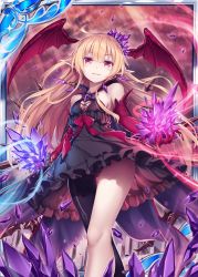 Rule 34 | 1girl, akkijin, bat wings, black dress, blonde hair, card (medium), crystal, demon girl, demon wings, dress, elbow gloves, elf, frilled dress, frills, gloves, hair ornament, jewelry, looking at viewer, official art, pointy ears, red eyes, red gloves, red ribbon, red sky, ribbon, shinkai no valkyrie, short dress, sky, wings
