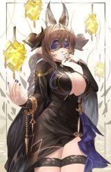 Rule 34 | 1girl, absurdres, animal ears, black dress, black nails, blindfold, breasts, brown hair, cleavage cutout, clothing cutout, covered eyes, dress, drill hair, drill ponytail, extra ears, galleon (granblue fantasy), galleon (life&#039;s compassionate observer) (granblue fantasy), granblue fantasy, hair between eyes, highres, horns, large breasts, long hair, multicolored hair, nakonbu, official alternate costume, parted lips, pointy ears, purple blindfold, purple hair, solo, streaked hair, thick thighs, thighs