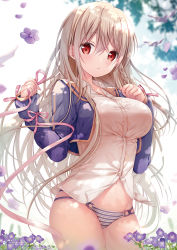 Rule 34 | 1girl, blue jacket, blush, braid, breasts, brown hair, collared shirt, cowboy shot, cropped jacket, dress shirt, flower, grey shirt, highres, holding, holding ribbon, jacket, large breasts, long hair, long sleeves, looking at viewer, no pants, open clothes, open jacket, original, pansy, panties, parted lips, petals, pink ribbon, purple flower, purple pansy, red eyes, ribbon, shirt, side braid, solo, sousouman, striped clothes, striped panties, underwear, very long hair