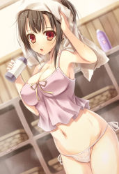 Rule 34 | 1girl, armpits, bare arms, bare shoulders, basket, black hair, blush, bottle, breasts, camisole, chestnut mouth, cleavage, cowboy shot, dutch angle, exe (artist), hands up, holding, indoors, large breasts, looking at viewer, navel, open mouth, original, panties, red eyes, ribbon, shiny skin, side-tie panties, sleeveless, solo, towel, towel on head, underwear, wet, wet hair, white panties, xe (execut3r), yellow ribbon