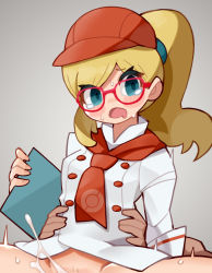 Rule 34 | 1boy, 1girl, absurdres, blonde hair, blush stickers, buttons, creatures (company), cum, drooling, eyelashes, female pubic hair, game freak, glasses, green eyes, grey background, hat, high ponytail, highres, holding, implied sex, jacket, leah (pokemon), long hair, looking at viewer, mouth drool, nintendo, open mouth, out-of-frame censoring, poke ball print, pokemon, pokemon cafe remix, projectile cum, pubic hair, red-framed eyewear, spread legs, sweat, sweelan, white jacket