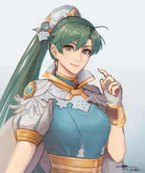 Rule 34 | 1girl, artist name, blue dress, cm lynarc, dress, earrings, feather trim, female focus, fingerless gloves, fire emblem, fire emblem: the blazing blade, fire emblem heroes, gloves, green eyes, green hair, high ponytail, jewelry, long hair, looking at viewer, lyn (fire emblem), matching hair/eyes, nintendo, official alternate costume, ponytail, signature, smile, solo, white gloves