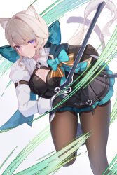 Rule 34 | 1girl, absurdres, aqua bow, belt, black dress, black footwear, black gloves, boots, bow, breasts, brown pantyhose, cleavage, closed mouth, commentary, cowboy shot, dress, facial tattoo, genshin impact, gloves, highres, holding, holding sword, holding weapon, huge bow, juliet sleeves, knee boots, knee up, light blush, light brown hair, long hair, long sleeves, lynette (genshin impact), medium breasts, pantyhose, pisuke (user kcmh2774), puffy sleeves, purple eyes, short dress, simple background, solo, star tattoo, sword, tattoo, weapon, white background