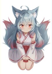 Rule 34 | 1girl, absurdres, ahoge, animal ear fluff, animal ears, detached sleeves, fox ears, fox girl, fox tail, gradient hair, grey hair, hakama, hakama skirt, highres, indie virtual youtuber, japanese clothes, long hair, looking at viewer, miniskirt, multicolored hair, multiple tails, nontraditional miko, onyankopon (vtuber), red eyes, red hair, red hakama, red skirt, shirt, simple background, sitting, skirt, smile, solo, tail, tamano umika, thighs, virtual youtuber, white background, white shirt, white sleeves