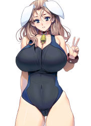 Rule 34 | 1girl, animal ears, bare shoulders, bell, breasts, brown hair, cameltoe, cleavage, collar, covered navel, green eyes, highres, huge breasts, kouno (masao), long hair, looking at viewer, neck bell, one-piece swimsuit, original, parted lips, rabbit ears, simple background, skindentation, smile, solo, swimsuit, tears, thigh gap, v, white background