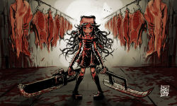 Rule 34 | 1girl, blood, chainsaw, dual wielding, food, glasses, guro, holding, j-e-m-g, knife, meat, nun, solo