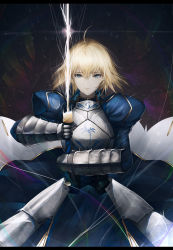 Rule 34 | 1girl, ahoge, armor, armored dress, artoria pendragon (all), artoria pendragon (fate), blonde hair, blue dress, blue eyes, bow, breastplate, closed mouth, commentary request, dress, fate/stay night, fate (series), gauntlets, glowing, glowing sword, glowing weapon, hair between eyes, hair bow, highres, holding, holding sword, holding weapon, juliet sleeves, long sleeves, looking at viewer, marumoru, puffy sleeves, red bow, saber (fate), solo, sword, two-handed, weapon